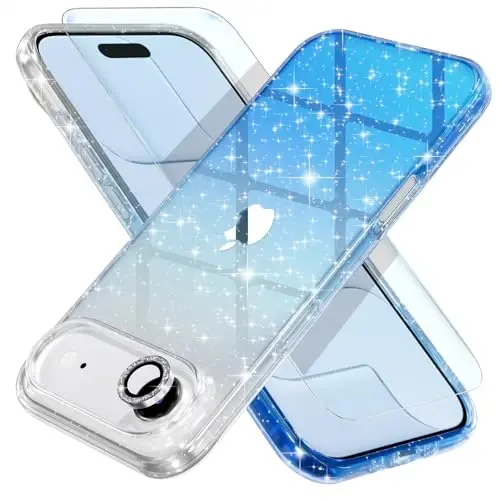 Choiche Compatible for iPhone 17 Air Case, Women Cute Clear Glitter Bling Sparkly Case, [1 x Diamond Camera Lens Protectors] [2 x Tempered Glass Screen Protectors] 6.5-inch (Glitter Clear/Blue) 