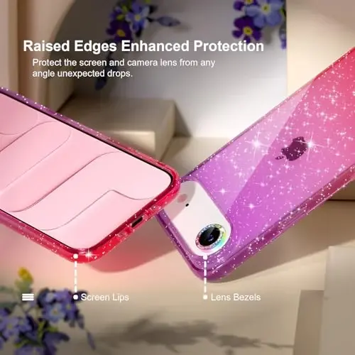 Choiche Compatible for iPhone 17 Air Case, Women Cute Clear Glitter Bling Sparkly Case, [1 x Diamond Camera Lens Protectors] [2 x Tempered Glass Screen Protectors] 6.5-inch (Glitter Purple/Pink) - 4