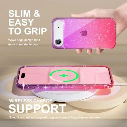 Choiche Compatible for iPhone 17 Air Case, Women Cute Clear Glitter Bling Sparkly Case, [1 x Diamond Camera Lens Protectors] [2 x Tempered Glass Screen Protectors] 6.5-inch (Glitter Purple/Pink) - 6