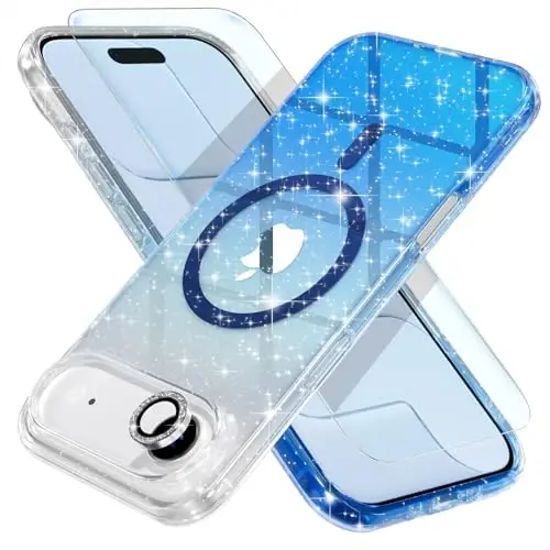 iPhone 17 Air uchun Choiche magnit gʻilofi, MagSafe bilan mos, ayollar uchun yaltiroq va brilliantli kamera himoyachisiga ega, harbiy darajadagi himoyali, 6.5 dyuym (Shaffof/Koʻk) - 1