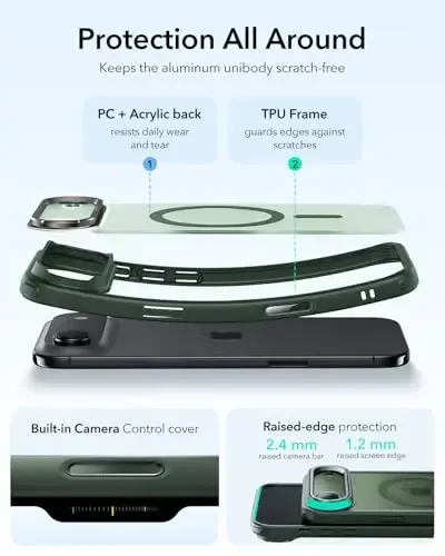 iPhone 17 Air uchun ESR g'ilofi, yashirin tayanch, MagSafe bilan mos keladigan kamera boshqaruv qopqog'i, harbiy darajadagi zarbadan himoya, tirnalishga chidamli orqa qopqoq, muzli yashil - 1