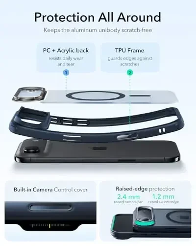 iPhone 17 Air uchun ESR Stash Standli g‘ilofi, MagSafe bilan mos keladigan kamera boshqaruvchi qopqoq, harbiy darajadagi zarbadan himoya qiluvchi magnit telefon g‘ilofi, tirnalishga chidamli orqa qopqoq, muzli ko‘k 