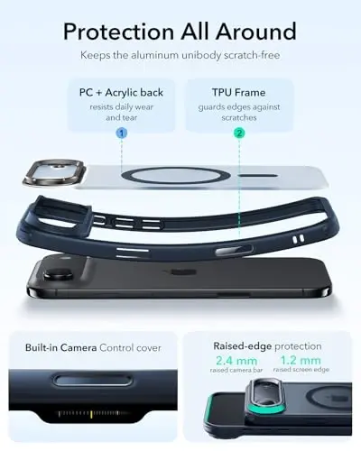 iPhone 17 Air uchun ESR Stash Standli g‘ilofi, MagSafe bilan mos keladigan kamera boshqaruvchi qopqoq, harbiy darajadagi zarbadan himoya qiluvchi magnit telefon g‘ilofi, tirnalishga chidamli orqa qopqoq, muzli ko‘k - ESR