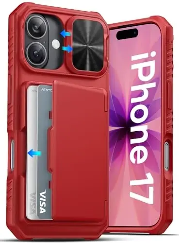 ATATOO for iPhone 17 Case Wallet, Built-in Credit Card Holder (Store 3-5 Cards) & Slide Lens Cover, Military Grade Protection, Strong Silicone Protective Phone Cover Case for iPhone 17 6.3