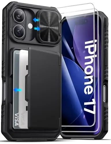 ATATOO for iPhone 17 Case Wallet with HD Tempered Glass Screen Protector [2 Pack], Card Holder & Slide Camera Cover, Military Grade Protection, Hard Protective Case for iPhone 17 6.3