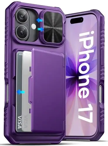 ATATOO for iPhone 17 Case, Built-in Card Holder (Store 3-5 Cards) & Slide Camera Cover & RFID Blocking, Military Grade Protection, Hard Wallet Phone Cover Case for iPhone 17 6.3