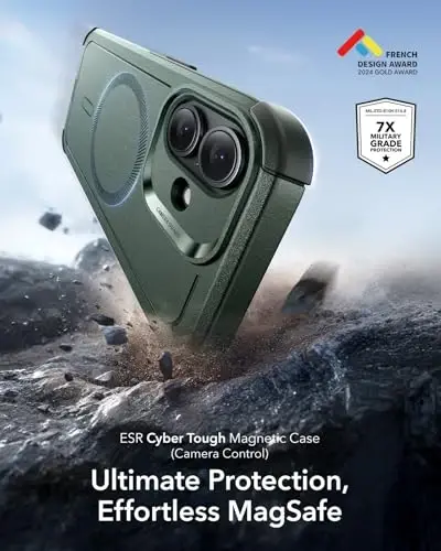 ESR for iPhone 17 Case, 7X Military-Grade Drop Protection, Shock-Absorbing Rugged Cover with Camera Control Button, MagSafe Accessories Compatible, Cyber Series, Olive Green - 3