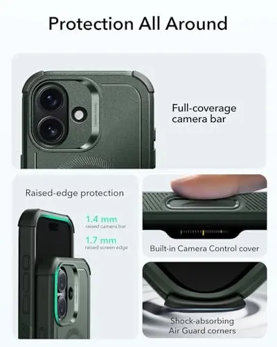 ESR for iPhone 17 Case, 7X Military-Grade Drop Protection, Shock-Absorbing Rugged Cover with Camera Control Button, MagSafe Accessories Compatible, Cyber Series, Olive Green - 4
