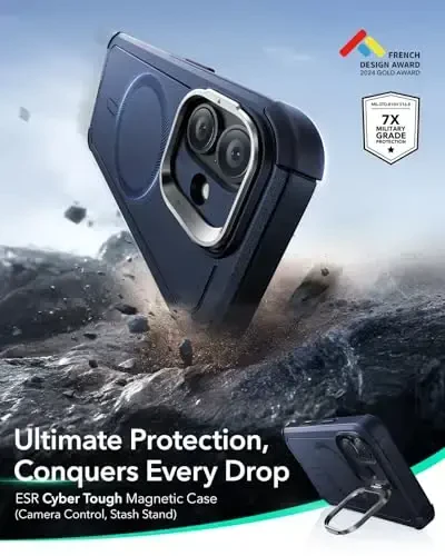 ESR for iPhone 17 Case with Stash Stand, 7X Military-Grade Drop Protection with Camera Control, Shock-Absorbing Phone Rugged Cover, Compatible with MagSafe Accessories, Cyber Series, Blue - 3