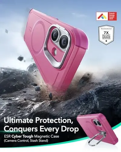 ESR for iPhone 17 Case with Stash Stand, 7X Military-Grade Drop Protection with Camera Control, Shock-Absorbing Phone Rugged Cover, Compatible with MagSafe Accessories, Cyber Series, Pink - ESR