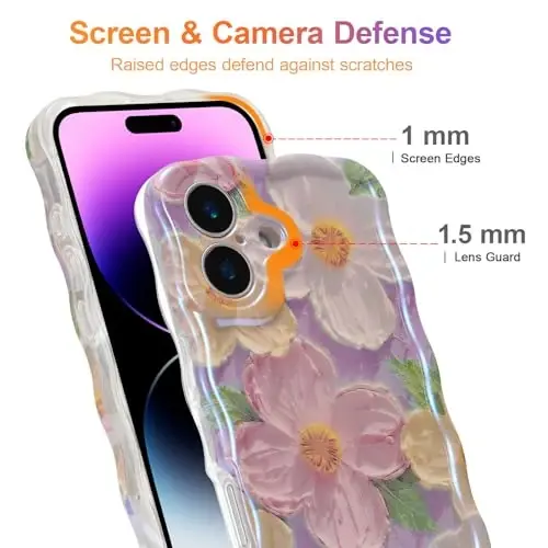 EYZUTAK Case for iPhone 17, Colorful Retro Oil Painting Printed Flower Laser Glossy Pattern Cute Curly Wave Edge Exquisite Phone Cover Stylish Durable TPU Protective Case for Girl Women-Pink - 4