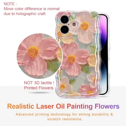 EYZUTAK Case for iPhone 17, Colorful Retro Oil Painting Printed Flower Laser Glossy Pattern Cute Curly Wave Edge Exquisite Phone Cover Stylish Durable TPU Protective Case for Girl Women-Green - 2