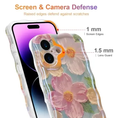 EYZUTAK Case for iPhone 17, Colorful Retro Oil Painting Printed Flower Laser Glossy Pattern Cute Curly Wave Edge Exquisite Phone Cover Stylish Durable TPU Protective Case for Girl Women-Green - 4