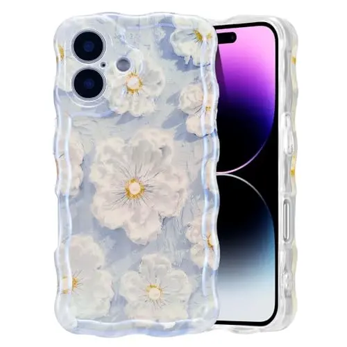 EYZUTAK Case for iPhone 17, Colorful Retro Oil Painting Flower Laser Glossy Pattern Cute Curly Wave Edge Exquisite Phone Cover Stylish Durable TPU Protective Case for Girl Women - Light Blue 