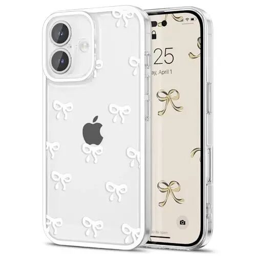 EYZUTAK Case for iPhone 17, Clear Cute Ribbon Bowknot Pattern Aesthetic Transparent Phone Case Raised Camera Protection Stylish Slim Soft Durable TPU Protective Cover for Women Girls - White - EYZUTAK