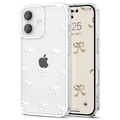 EYZUTAK Case for iPhone 17, Clear Cute Ribbon Bowknot Pattern Aesthetic Transparent Phone Case Raised Camera Protection Stylish Slim Soft Durable TPU Protective Cover for Women Girls - White - 12
