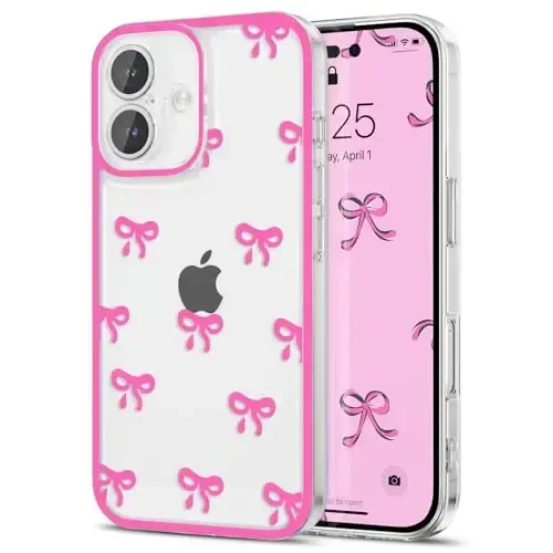 EYZUTAK Case for iPhone 17, Clear Cute Ribbon Bowknot Pattern Aesthetic Transparent Phone Case Raised Camera Protection Stylish Slim Soft Durable TPU Protective Cover for Women Girls - Rose Red - 1