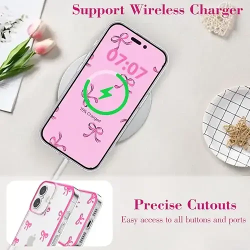 EYZUTAK Case for iPhone 17, Clear Cute Ribbon Bowknot Pattern Aesthetic Transparent Phone Case Raised Camera Protection Stylish Slim Soft Durable TPU Protective Cover for Women Girls - Rose Red - 8