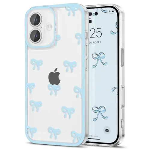 EYZUTAK Case for iPhone 17, Clear Cute Ribbon Bowknot Pattern Aesthetic Transparent Phone Case Raised Camera Protection Stylish Slim Soft Durable TPU Protective Cover for Women Girls - Blue - 1
