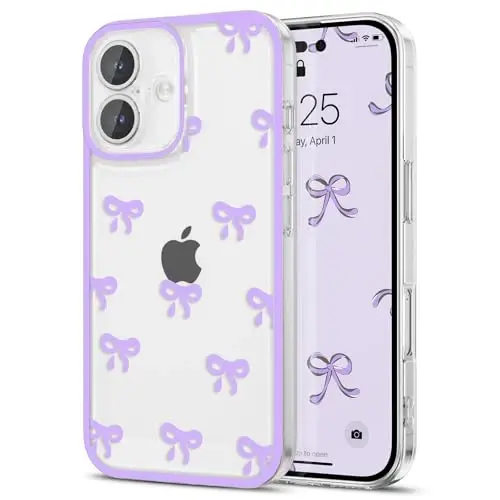 EYZUTAK Case for iPhone 17, Clear Cute Ribbon Bowknot Pattern Aesthetic Transparent Phone Case Raised Camera Protection Stylish Slim Soft Durable TPU Protective Cover for Women Girls - Purple - 1