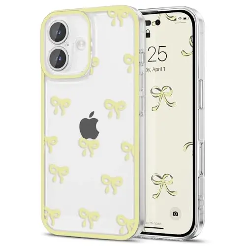 EYZUTAK Case for iPhone 17, Clear Cute Ribbon Bowknot Pattern Aesthetic Transparent Phone Case Raised Camera Protection Stylish Slim Soft Durable TPU Protective Cover for Women Girls - Yellow - 1