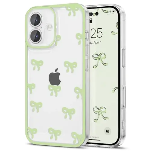 EYZUTAK Case for iPhone 17, Clear Cute Ribbon Bowknot Pattern Aesthetic Transparent Phone Case Raised Camera Protection Stylish Slim Soft Durable TPU Protective Cover for Women Girls - Green - 1