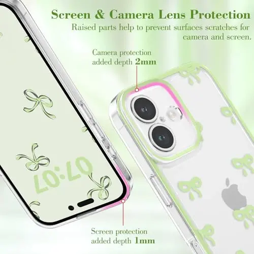EYZUTAK Case for iPhone 17, Clear Cute Ribbon Bowknot Pattern Aesthetic Transparent Phone Case Raised Camera Protection Stylish Slim Soft Durable TPU Protective Cover for Women Girls - Green - 2