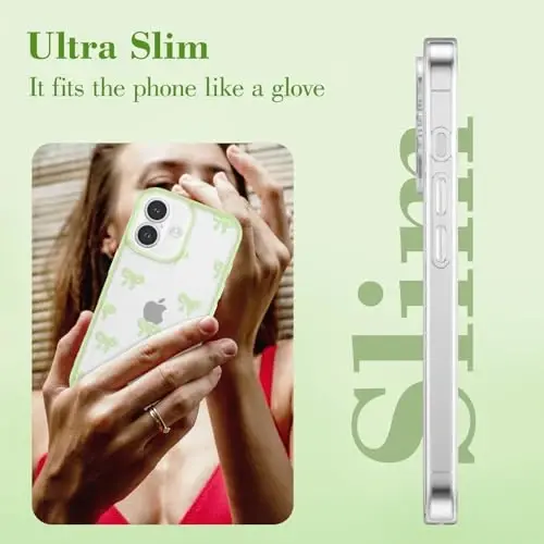 EYZUTAK Case for iPhone 17, Clear Cute Ribbon Bowknot Pattern Aesthetic Transparent Phone Case Raised Camera Protection Stylish Slim Soft Durable TPU Protective Cover for Women Girls - Green - 4