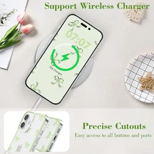 EYZUTAK Case for iPhone 17, Clear Cute Ribbon Bowknot Pattern Aesthetic Transparent Phone Case Raised Camera Protection Stylish Slim Soft Durable TPU Protective Cover for Women Girls - Green - 5