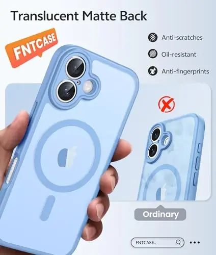 FNTCASE for iPhone 17 Case, Compatible with Magsafe, Glass Screen Protector | Full Camera Protection, Translucent Matte, 14FT Military Grade Drop Proof, Shockproof Protective Phone Cover, Light Blue - 6