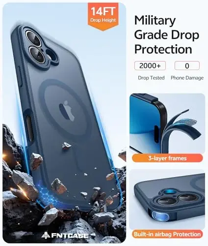 FNTCASE for iPhone 17 Phone Case: Magnetic Translucent Matte [Full Covered Camera Protection] [Screen Protector] Military Grade Shockproof Slim Cover Drop Proof Protective Cases - Blue - 5