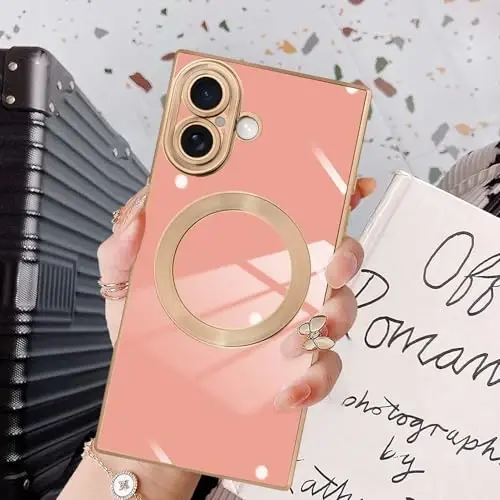 KANGHAR Case Designed for iPhone 17 Magnetic Pink | [Compatible with MagSafe] Luxury Cute Plating Design Case Full-Body Anti-Scratch Shockproof Bumper Protective Cover 