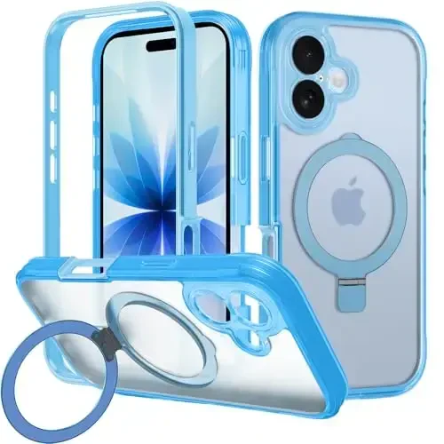 Casehas for iPhone 17 Case with Magnetic Invisible Stand [Compatible with MagSafe] Military Drop Protection Shockproof Slim Translucent Skin-Touch Case Cover Light Blue - 1