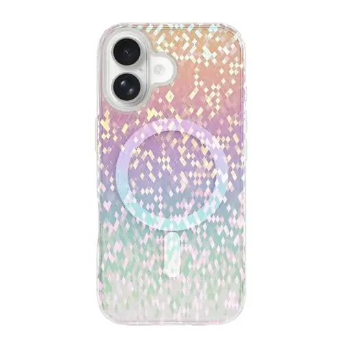 LONLI Hue for iPhone 17 Magnetic Case — 'Prismatic Pixel Confetti' Shimmer, Compatible with Magsafe, Cute Aesthetic Slim Shockproof Bumper, Crystal Clear Phone Cover for Women Girls (Rainbow) 