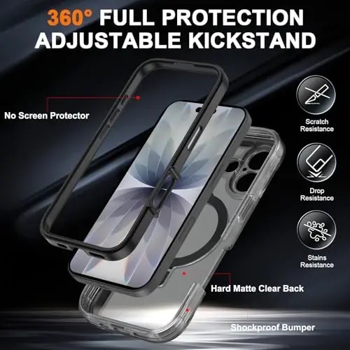 Casehas for iPhone 17 Case with Magnetic Invisible Stand [Compatible with MagSafe] Military Drop Protection Shockproof Slim Translucent Skin-Touch Case Cover Black - MODAZONE (1)