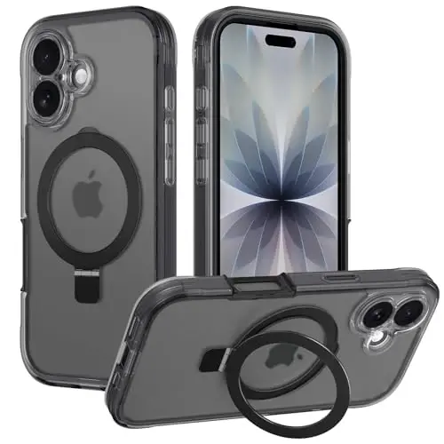 iPhone 17 için Mıknatıslı Görünmez Stantlı Kılıflar [MagSafe ile Uyumlu] Askeri Düşme Koruması Darbeye Dayanıklı İnce Yarı Saydam Cilt Dokunuşlu Kılıf Kapak Siyah - 7