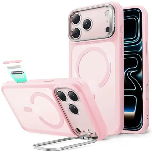 ESR for iPhone 17 Pro Max Case with Stash Stand, Camera Control Cover Compatible with MagSafe, Military-Grade Drop Protection Magnetic Phone Case, Scratch-Resistant Back Cover,Frosted Bubblegum Pink - 1