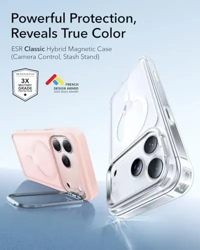ESR for iPhone 17 Pro Max Case with Stash Stand, Camera Control Cover Compatible with MagSafe, Military-Grade Drop Protection Magnetic Phone Case, Scratch-Resistant Back Cover,Frosted Bubblegum Pink - 2