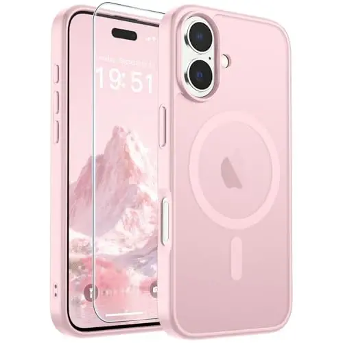 iPhone 17 için SUPFINE Manyetik Kılıf ve Ekran Koruyucu (MagSafe ile Uyumlu)(Askeri Sınıf Düşme Koruması) Yarı Saydam Mat Darbeye Dayanıklı ve Parmak İzi Önleyici Telefon Kılıfı, Açık Pembe - SUPFINE