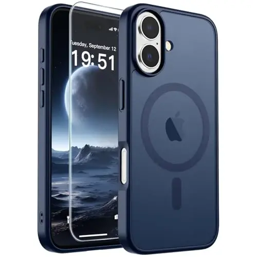 iPhone 17 için SUPFINE Manyetik Kılıf ve Ekran Koruyucu (MagSafe Uyumlu) (Askeri Sınıf Düşme Koruması) Yarı Saydam Mat Darbeye Dayanıklı ve Parmak İzi Bırakmayan Telefon Kılıfı, Koyu Mavi - 1