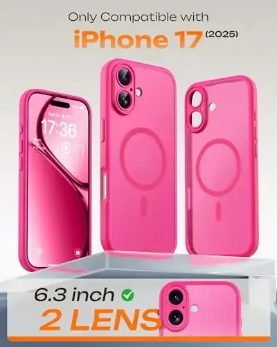 TOCOL for iPhone 17 Case, Full Camera Protection, Built-in Magnetic Ring, Compatible with Magsafe Charger, Drop Protection, Translucent Matte Phone Case for iPhone 17 6.3 inch (Hot Pink) - TOCOL (1)