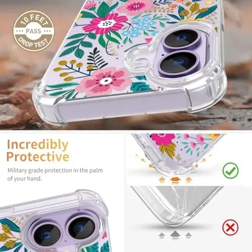 iPhone 17 Kılıf için ilnehc, [3'ü 1 arada] Ekran Koruyucu ve Kamera Mercek Koruyucu ile, Çiçek Desenli Tasarım, Kadınlar Kızlar için Şeffaf Yumuşak Darbeye Dayanıklı İnce Çiçekli Telefon Kılıfı 2025 6.3