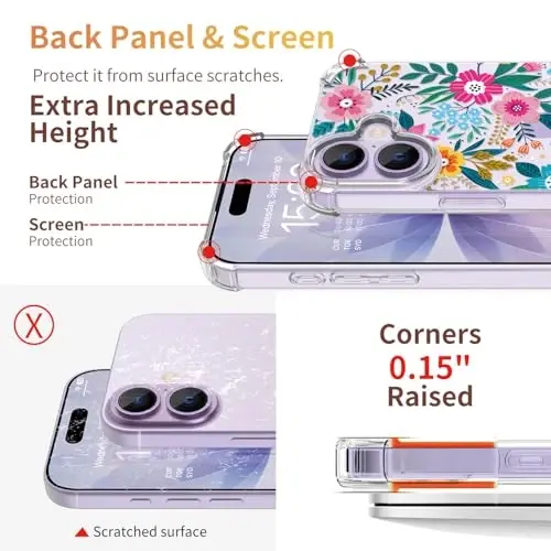 iPhone 17 Kılıf için ilnehc, [3'ü 1 arada] Ekran Koruyucu ve Kamera Mercek Koruyucu ile, Çiçek Desenli Tasarım, Kadınlar Kızlar için Şeffaf Yumuşak Darbeye Dayanıklı İnce Çiçekli Telefon Kılıfı 2025 6.3
