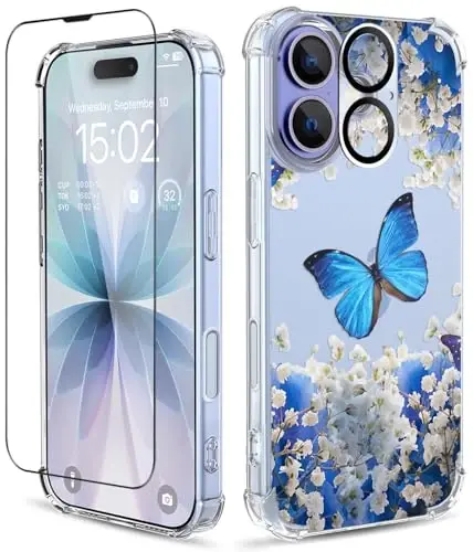 iPhone 17 Kılıf için ilnehc, [3'ü 1 arada] Ekran Koruyucu ve Kamera Mercek Koruyucu ile, Çiçek Desenli Tasarım, Kadınlar ve Kızlar için Şeffaf Yumuşak Darbeye Dayanıklı İnce Çiçekli Telefon Kılıfı 2025 6.3