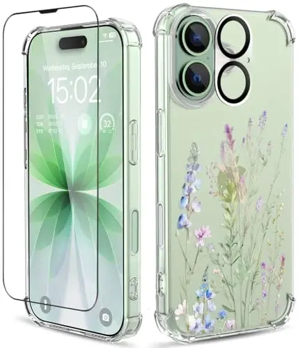 iPhone 17 Kılıfı, [3ü 1 arada] Ekran Koruyucu ve Kamera Merceği Koruyuculu, Çiçek Desenli Tasarım, Kadınlar ve Kızlar İçin Şeffaf Yumuşak Darbeye Dayanıklı İnce Çiçekli Telefon Kapağı 2025 6.3