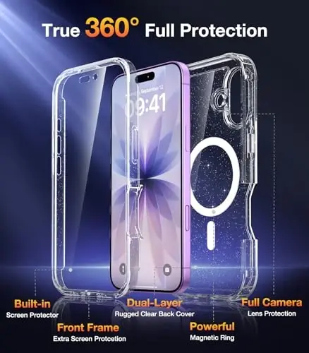 Diaclara Magnetic Designed for iPhone 17 Case 6.3 Inch Full Body Bumper,[Compatible with MagSafe] Military Drop Proof Cover with Built-in Touch Sensitive Anti-Scratch Screen Protector Clear Glitter - 2