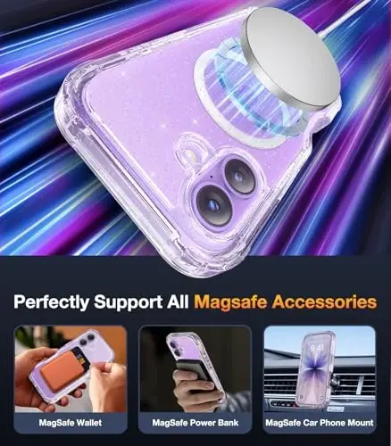 Diaclara Magnetic Designed for iPhone 17 Case 6.3 Inch Full Body Bumper,[Compatible with MagSafe] Military Drop Proof Cover with Built-in Touch Sensitive Anti-Scratch Screen Protector Clear Glitter - 4