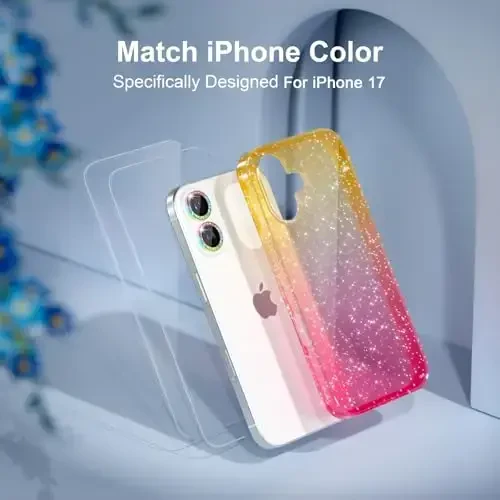 Choiche Compatible for iPhone 17 Case, Women Cute Clear Glitter Bling Sparkly Case, [2 x Diamond Camera Lens Protectors] [2 x Tempered Glass Screen Protectors] 6.3-inch (Glitter Gold/Pink) - 7