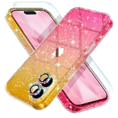 Choiche Compatible for iPhone 17 Case, Women Cute Clear Glitter Bling Sparkly Case, [2 x Diamond Camera Lens Protectors] [2 x Tempered Glass Screen Protectors] 6.3-inch (Glitter Gold/Pink) - 1