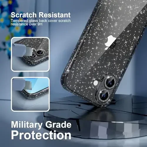 Choiche Compatible for iPhone 17 Case, Women Cute Clear Glitter Bling Sparkly Case, [2 x Diamond Camera Lens Protectors] [2 x Tempered Glass Screen Protectors] 6.3-inch (Glitter Black) - 6